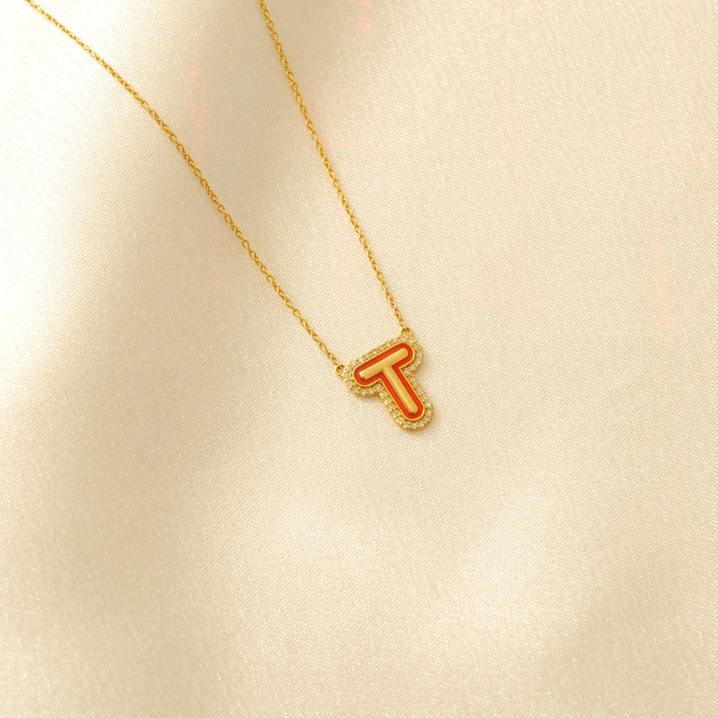 Enamel Initial Halo Diamond Necklace — IPD2033