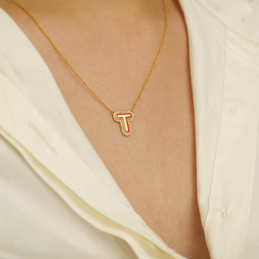 Enamel Initial Halo Diamond Necklace — IPD2033