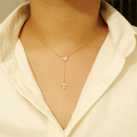 Heart Diamond Initial Lariat Necklace — ipd2038xipd2053