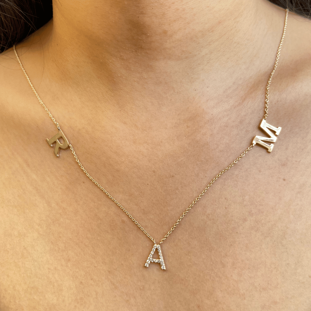 Mixed Finish Triple Initial Diamond Necklace - IPD3030X2052X2039X2051