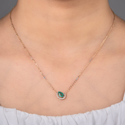 Pear Emerald Diamond Crescent Moon Necklace