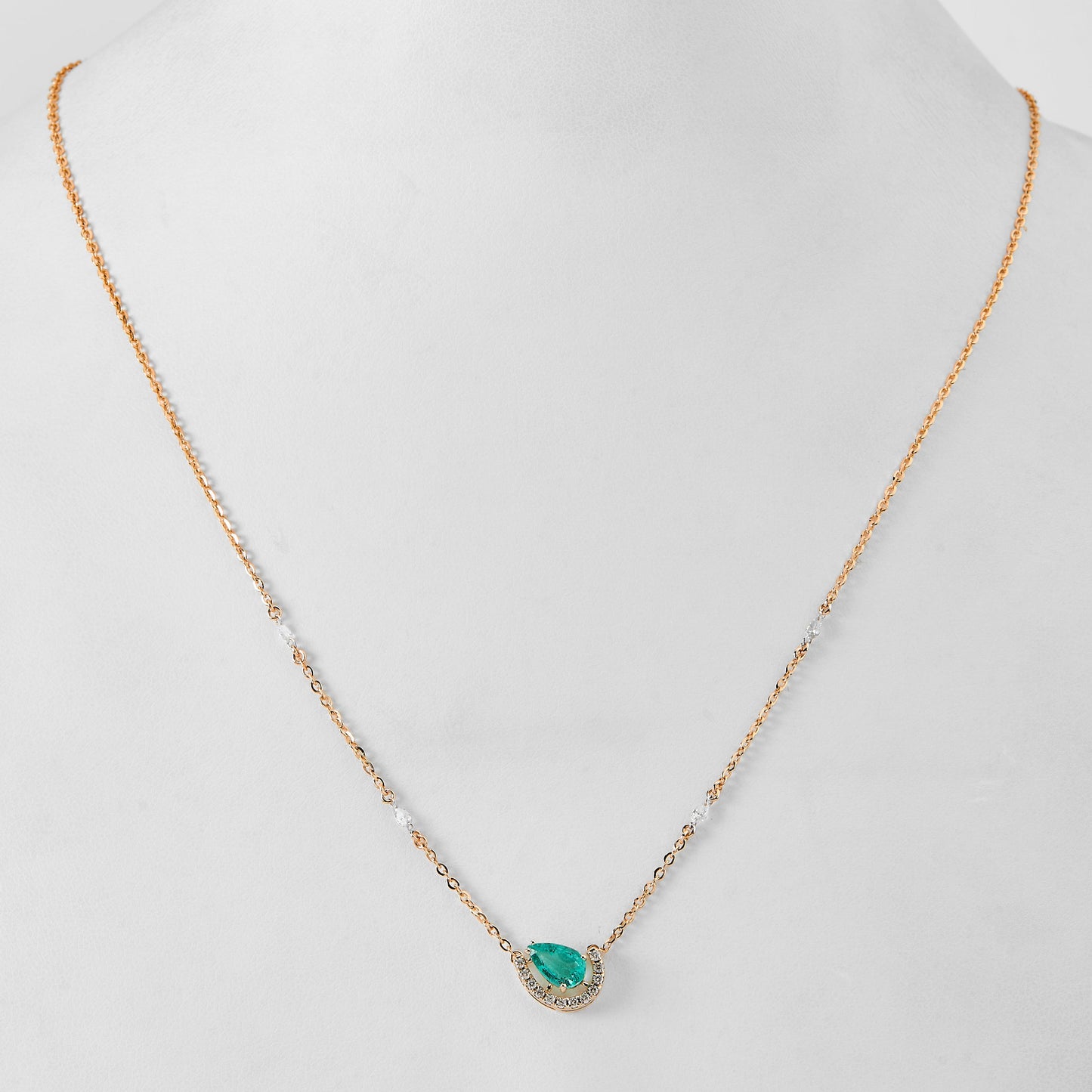 Pear Emerald Diamond Crescent Moon Necklace