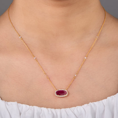 East West Ruby Diamond Halo Necklace