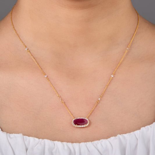 East West Ruby Diamond Halo Necklace