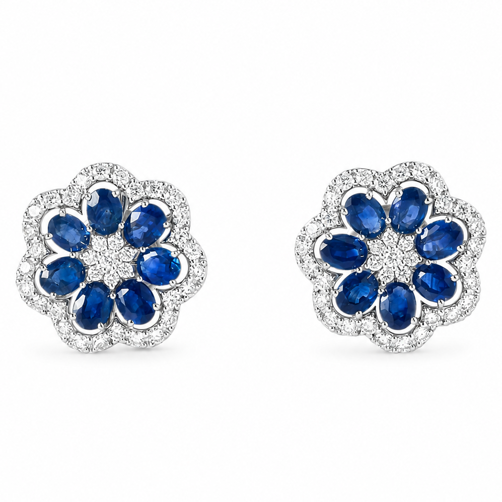 Blue Sapphire Diamond Bloom Stud Earrings