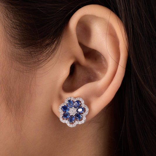 Blue Sapphire Diamond Bloom Stud Earrings