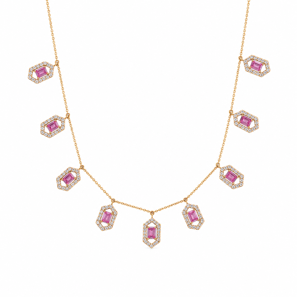 Hexagon Pink Sapphire Station Necklace — N5131