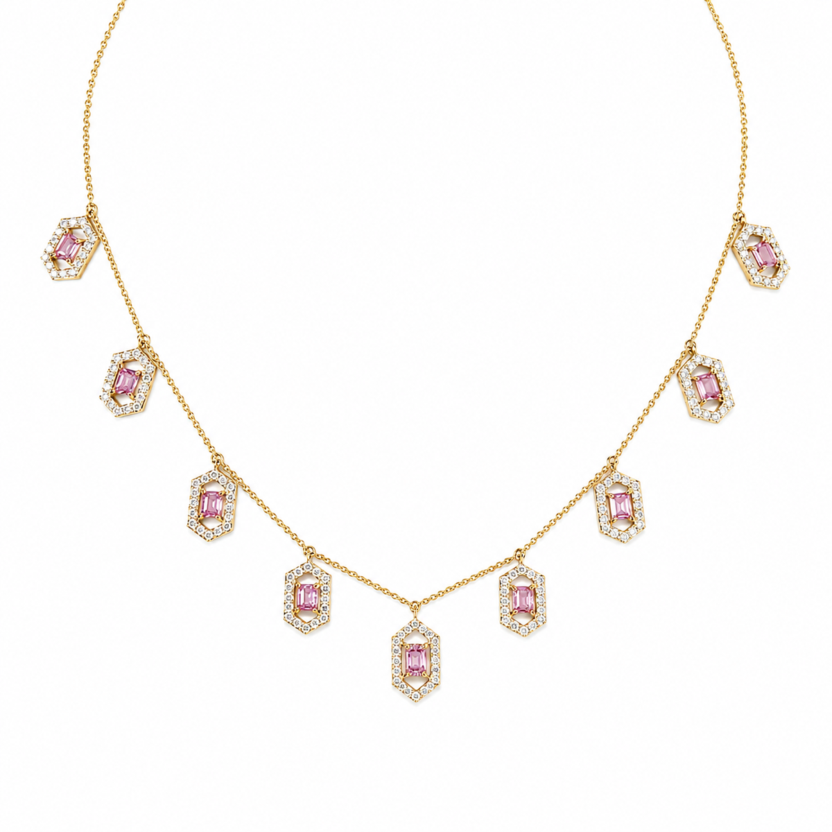 Hexagon Pink Sapphire Station Necklace — N5131