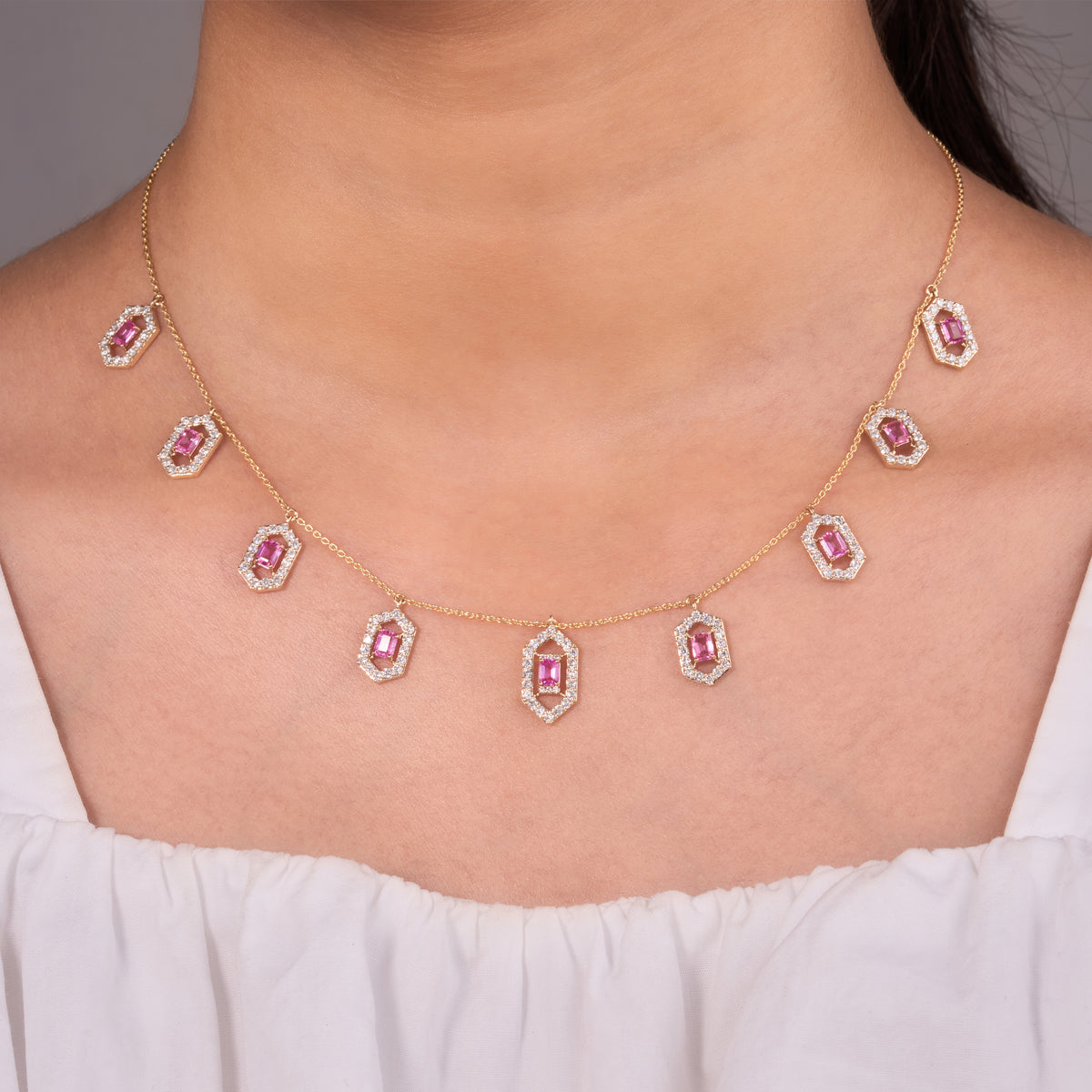 Hexagon Pink Sapphire Station Necklace — N5131