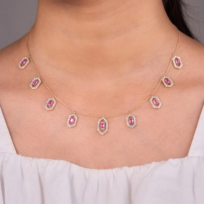 Hexagon Pink Sapphire Station Necklace — N5131