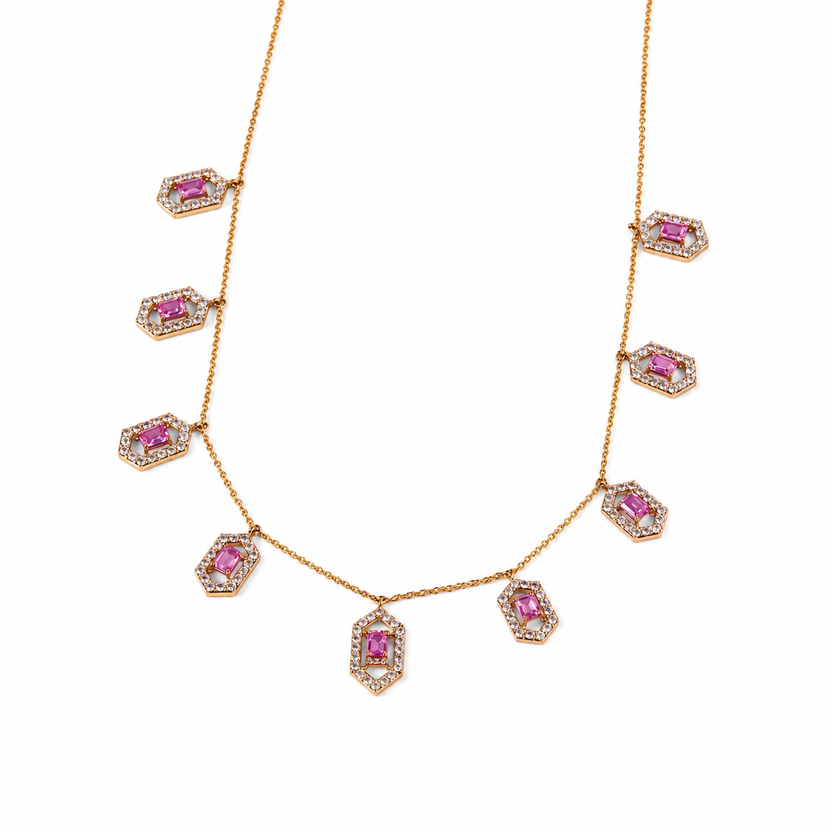 Hexagon Pink Sapphire Station Necklace — N5131