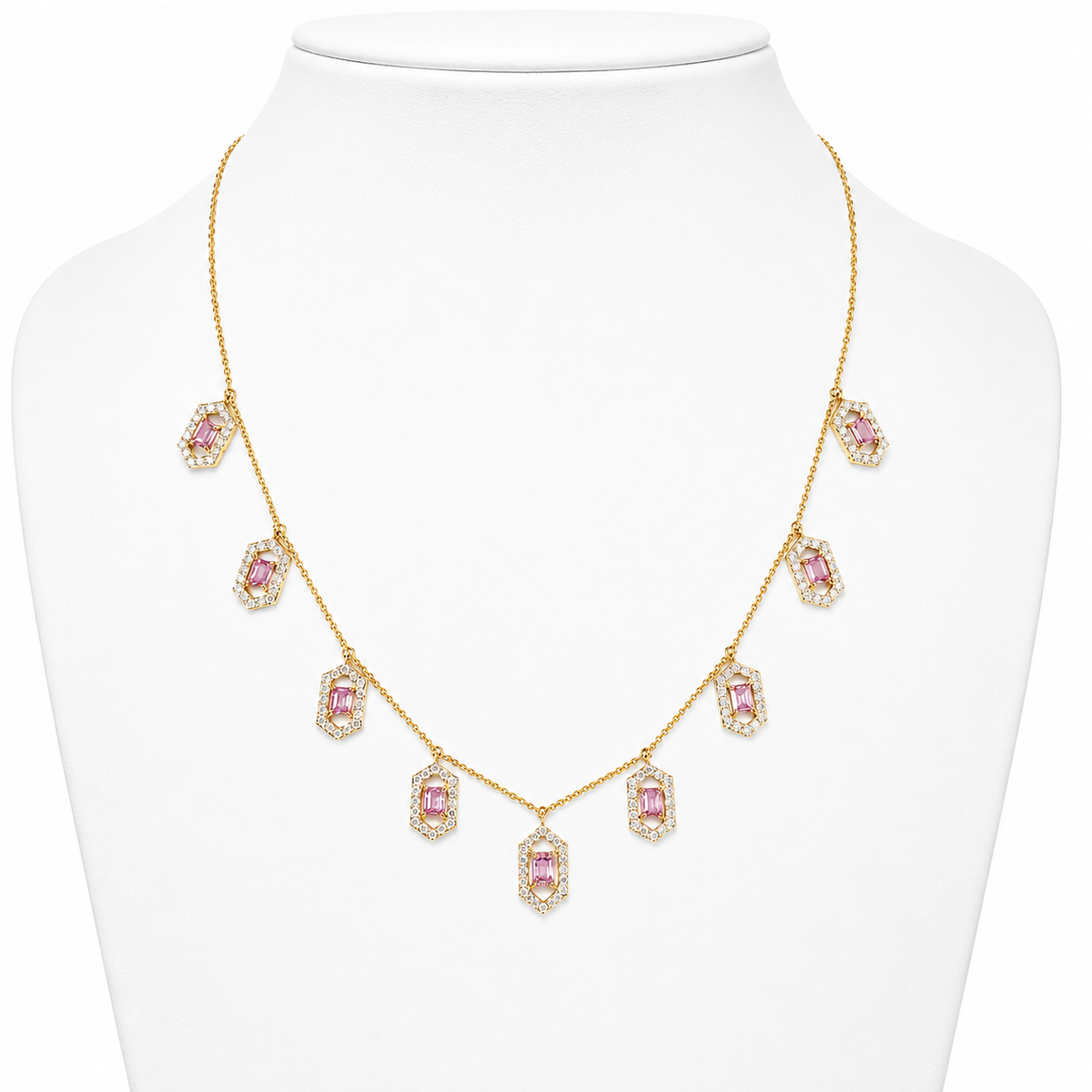 Hexagon Pink Sapphire Station Necklace — N5131