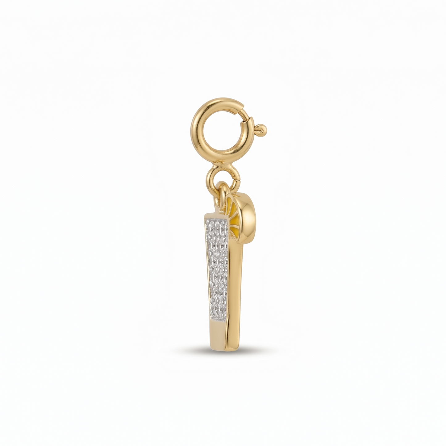 A gold-plated pendant charm featuring a vertical bar pavé-set with clear stones, suspended from a circular clasp, shown on a plain white background.
