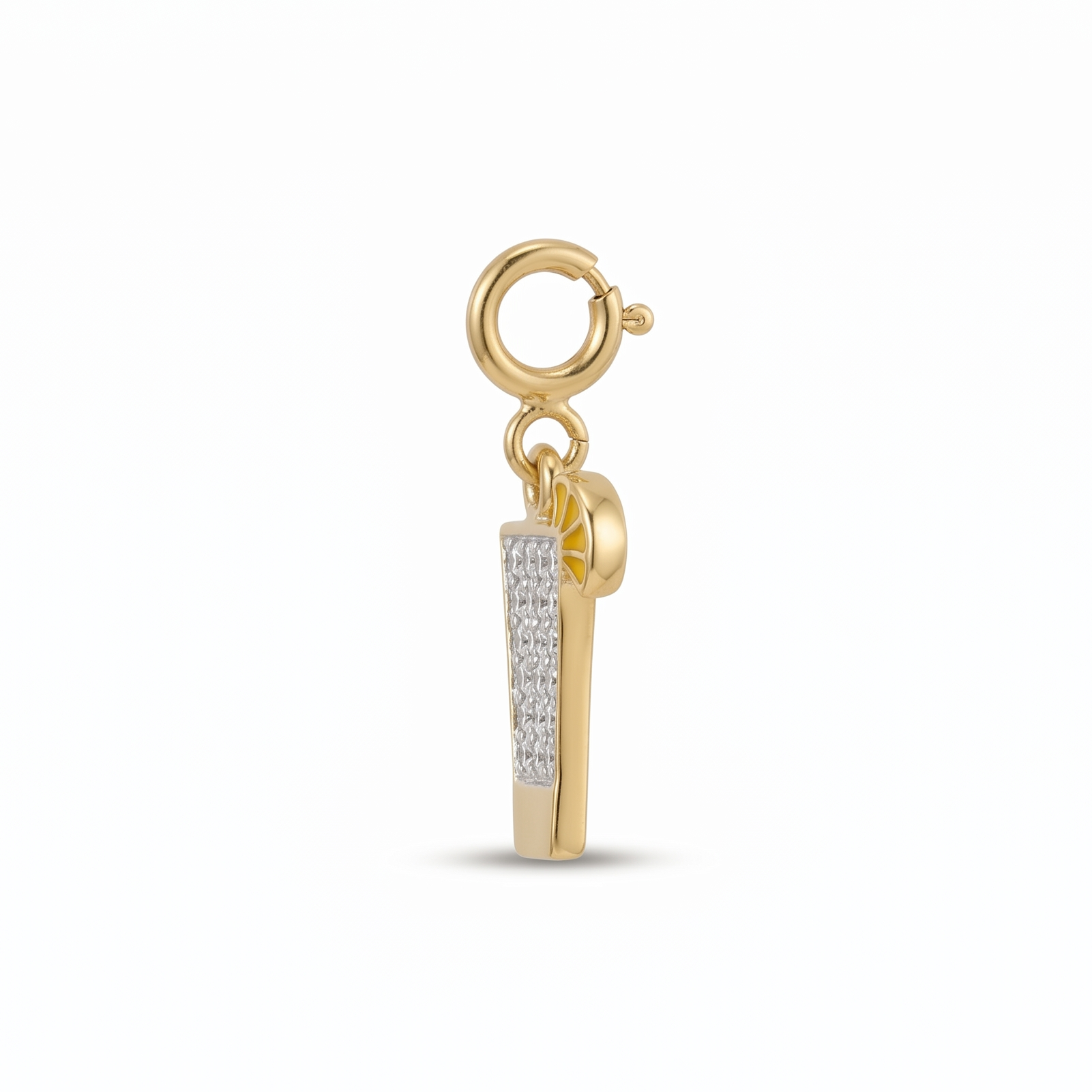 A gold-plated pendant charm featuring a vertical bar pavé-set with clear stones, suspended from a circular clasp, shown on a plain white background.