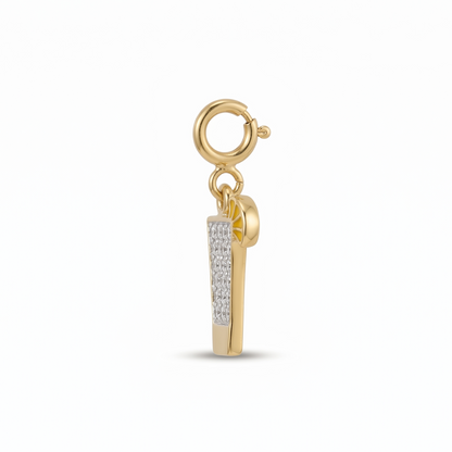 A gold-plated pendant charm featuring a vertical bar pavé-set with clear stones, suspended from a circular clasp, shown on a plain white background.