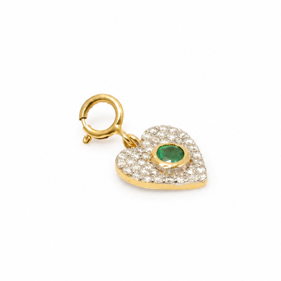 Natural Emerald and Diamond Heart Charm in 14K Solid Gold