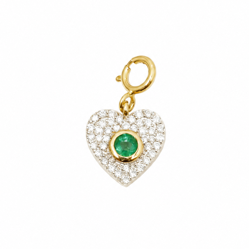 Natural Emerald and Diamond Heart Charm in 14K Solid Gold