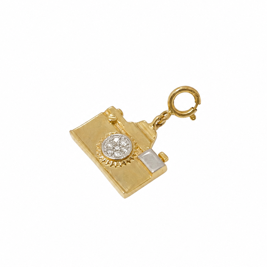 Natural Diamond Camera Charm in 14K Solid Gold
