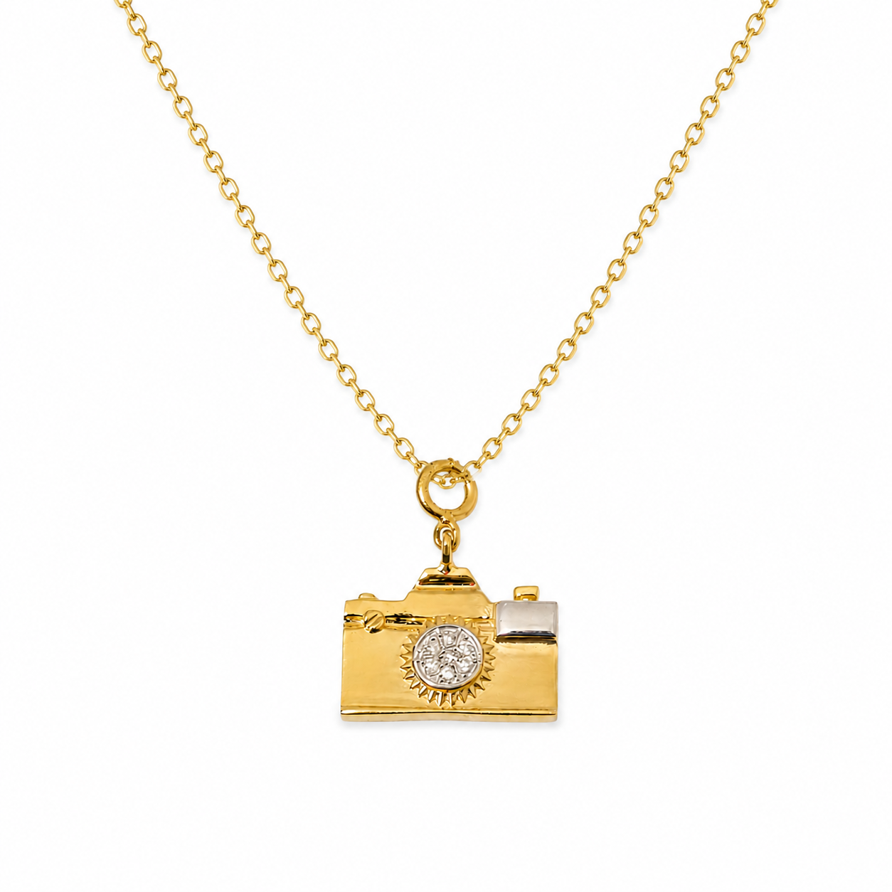 Natural Diamond Camera Charm in 14K Solid Gold