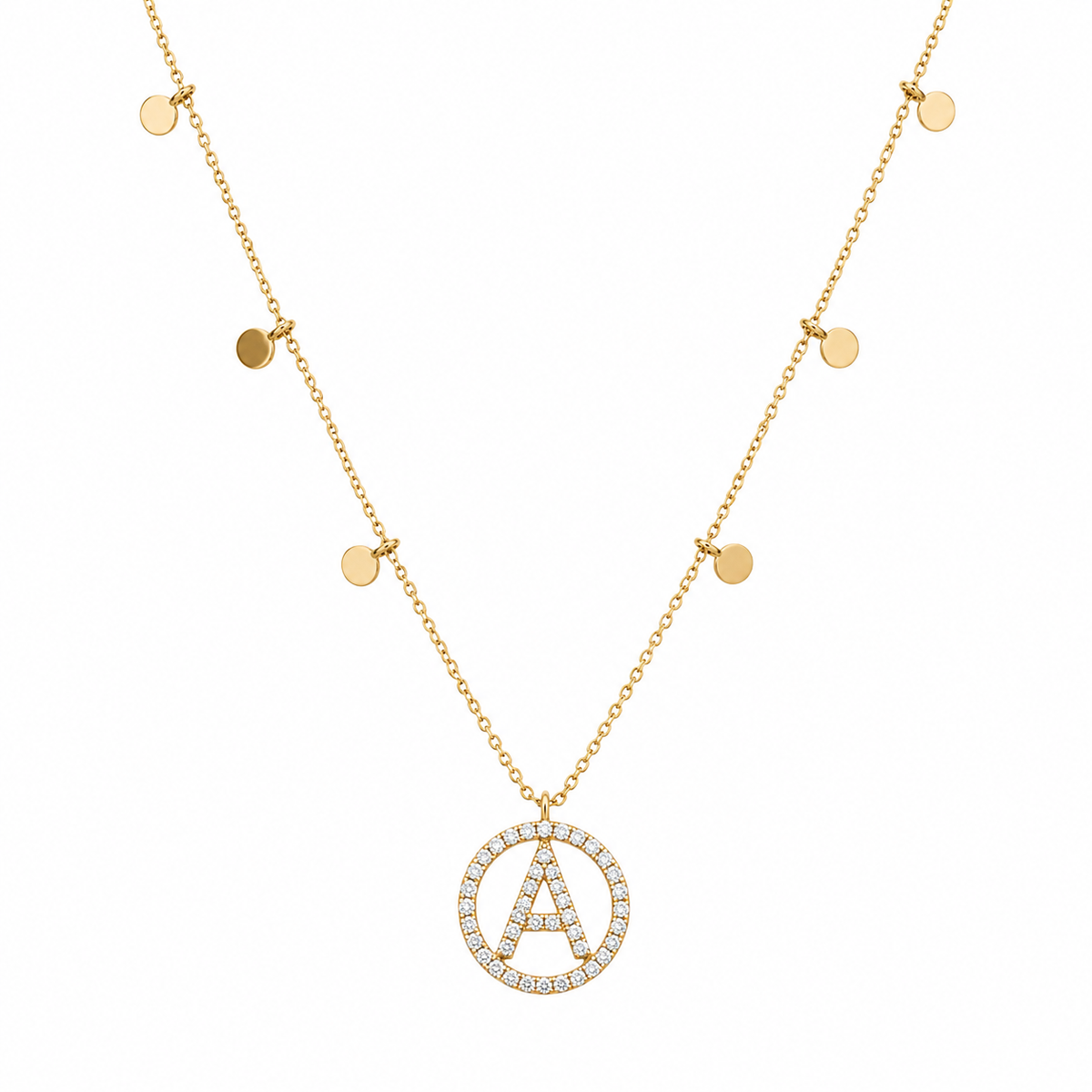 Diamond Initial Disc Necklace in 14K Gold — P01178 X P01179