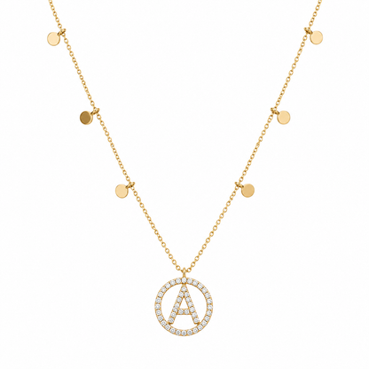 Diamond Initial Disc Necklace in 14K Gold — P01178 X P01179