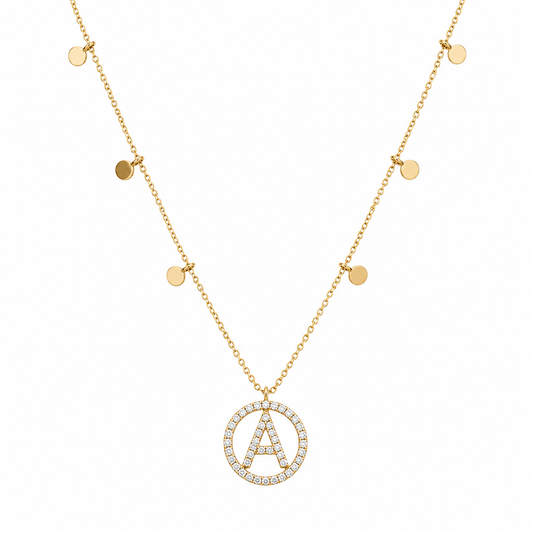 Diamond Initial Disc Necklace in 14K Gold — P01178 X P01179