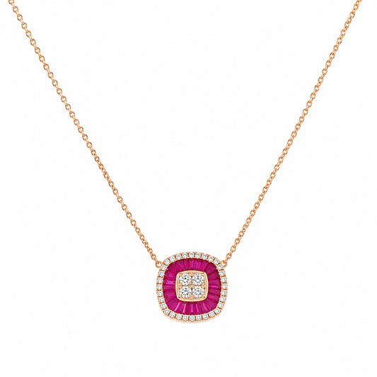 Ruby Baguette Diamond Double Halo Necklace - P02225R