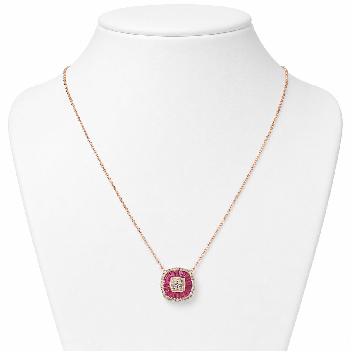 Ruby Baguette Diamond Double Halo Necklace - P02225R