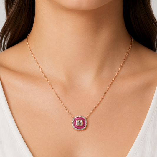 Ruby Baguette Diamond Double Halo Necklace - P02225R