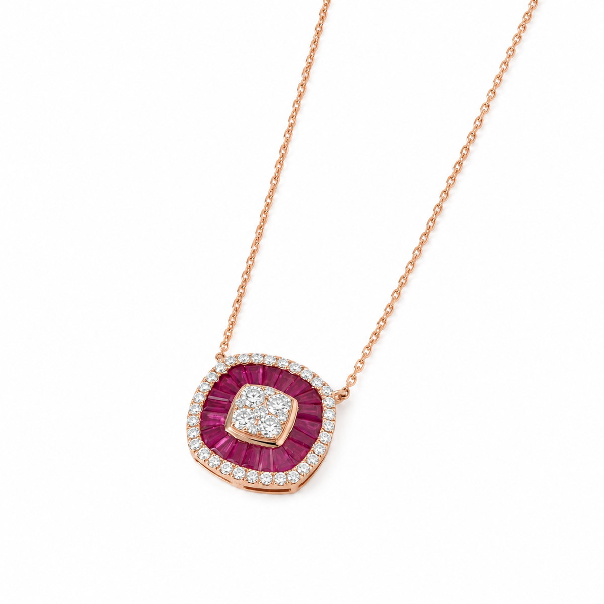 Ruby Baguette Diamond Double Halo Necklace - P02225R