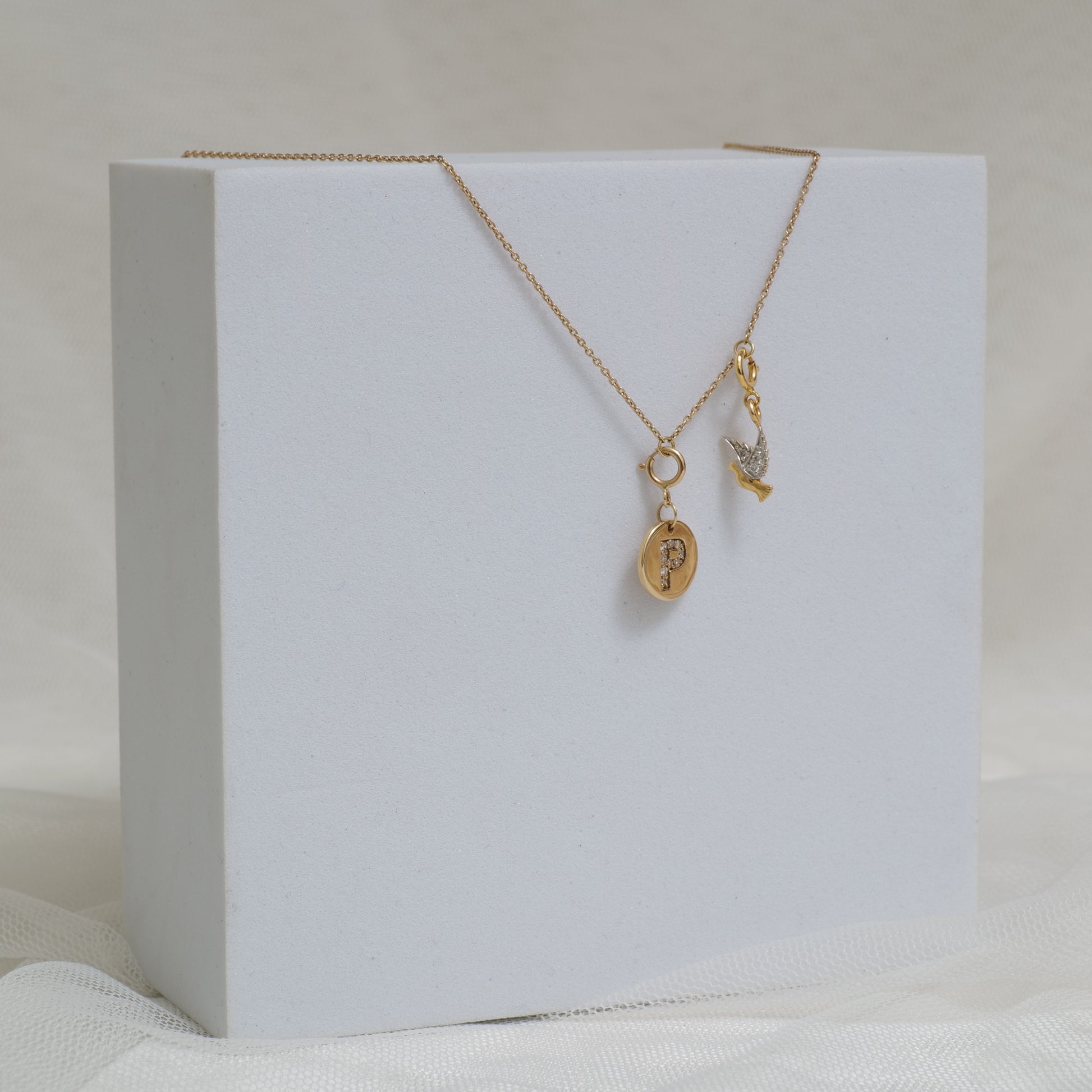 Diamond Initial Medallion & Dove Charm Necklace — SJKJP731XFLP14673
