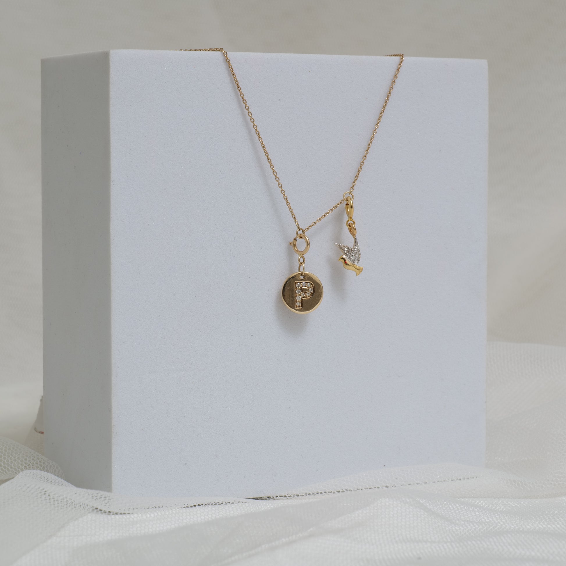 Diamond Initial Medallion & Dove Charm Necklace — SJKJP731XFLP14673