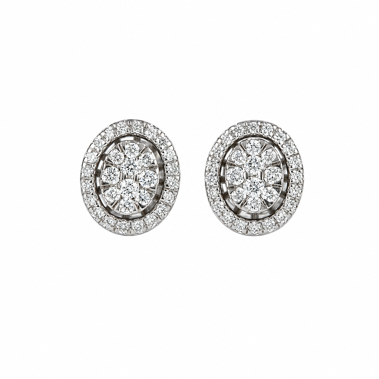 Oval Diamond Halo Cluster Stud Earrings - PS1144E