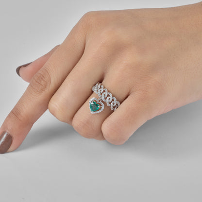 Cuban Link Diamond Ring with Emerald Heart Dangle - R5100