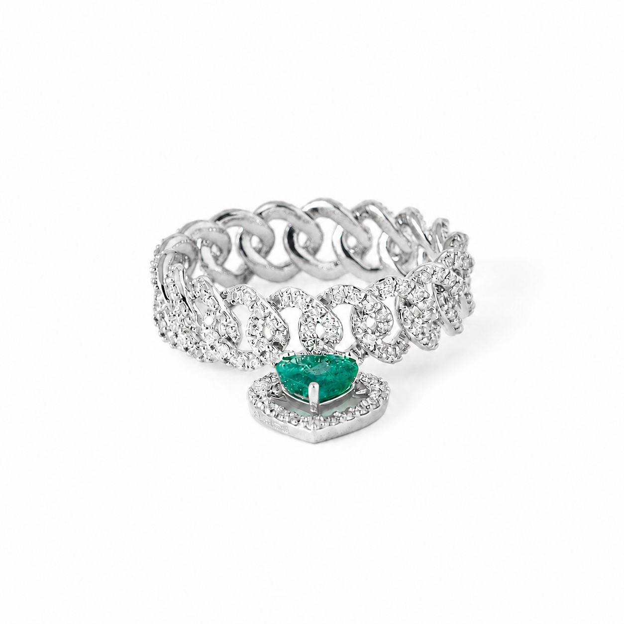 Cuban Link Diamond Ring with Emerald Heart Dangle - R5100
