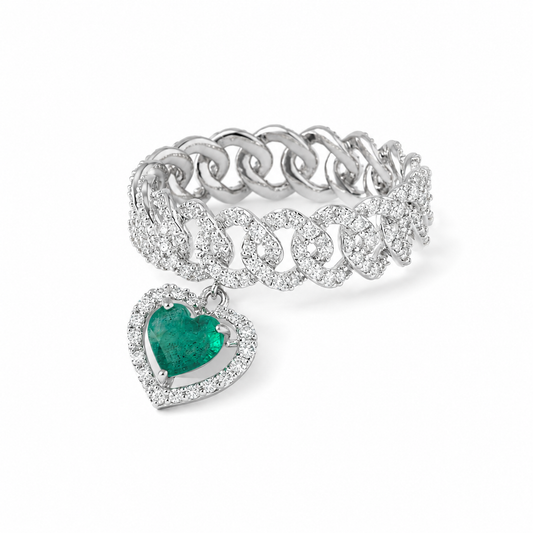 Cuban Link Diamond Ring with Emerald Heart Dangle - R5100