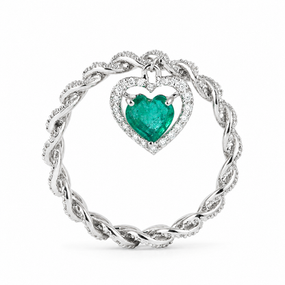 Cuban Link Diamond Ring with Emerald Heart Dangle - R5100