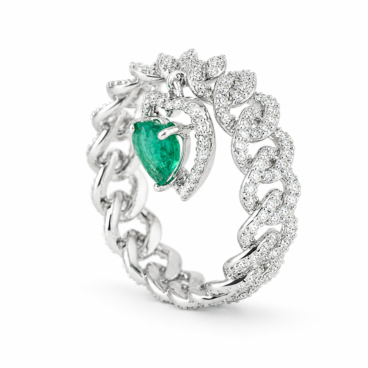 Cuban Link Diamond Ring with Emerald Heart Dangle - R5100