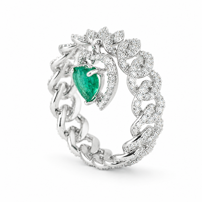 Cuban Link Diamond Ring with Emerald Heart Dangle - R5100