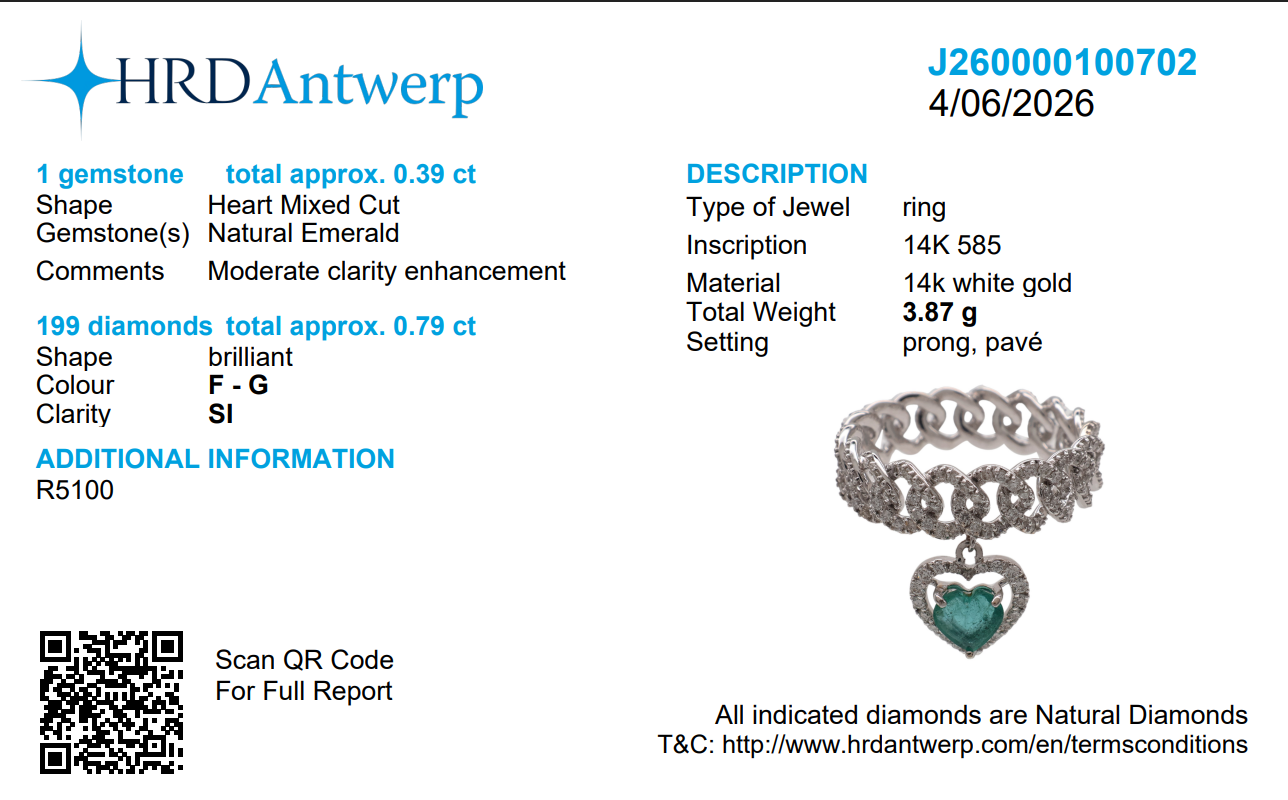 Cuban Link Diamond Ring with Emerald Heart Dangle