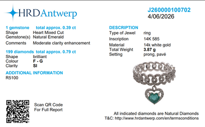 Cuban Link Diamond Ring with Emerald Heart Dangle