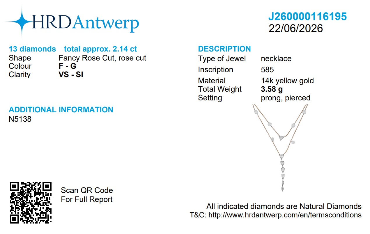 Rose-Cut Natural Diamond Lariat Necklace in Solid Gold