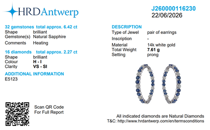 Natural Blue Sapphire Diamond Hoop Earrings