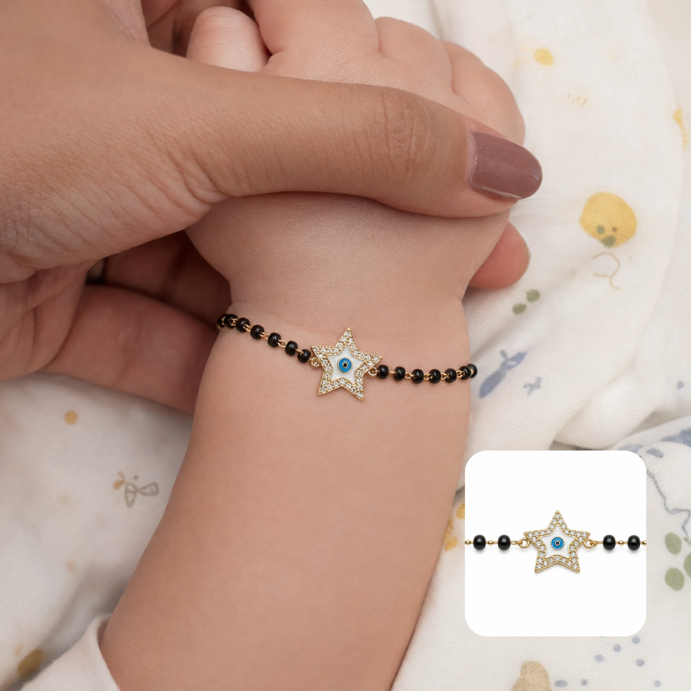 ide-angle detail — 14K yellow gold star kids nazariya showing charm setting and bead links