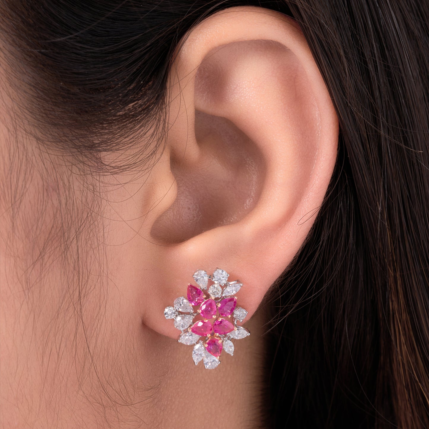 Ruby Diamond Floral Bloom Stud Earrings