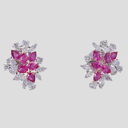 Ruby Diamond Floral Bloom Stud Earrings