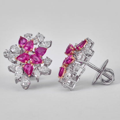 Ruby Diamond Floral Bloom Stud Earrings