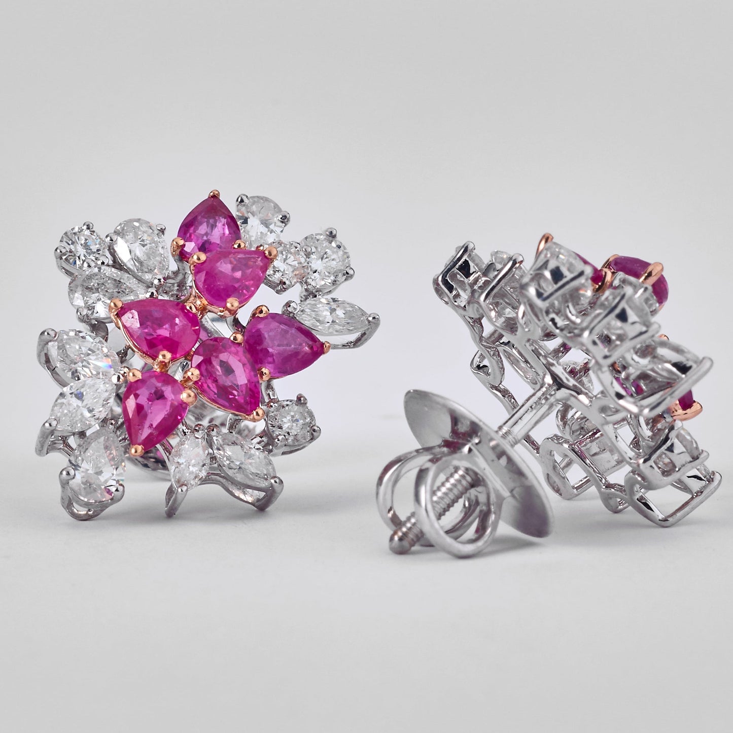 Ruby Diamond Floral Bloom Stud Earrings