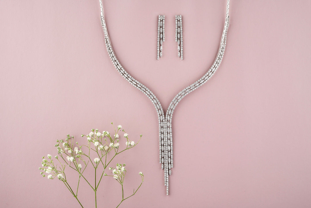 Waterfall Diamond Necklace, Asymmetric Triple line Necklace, 14k Solid Gold, Moissanite Necklace, Gift for her