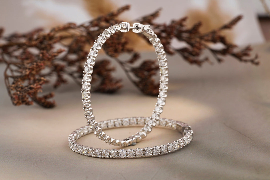 Diamond Hoop Earrings, 8ct Solitaire Diamonds, Inside Out 14K Solid Gold, Moissanite Earrings, Bridal Jewelry, Gift for her